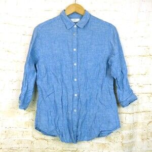 Uniqlo Premium Linen Shirt Womens L Blue Button ¾ Sleeve Lightweight 086575